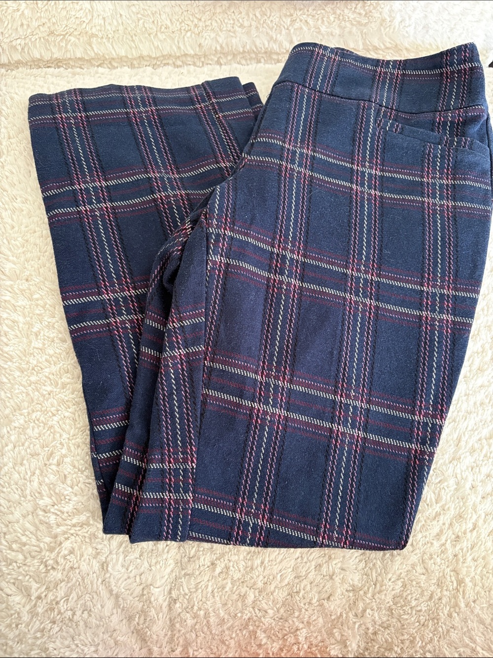 New York & Company Navy Plaid Knit Top with Pink & Cream Accents